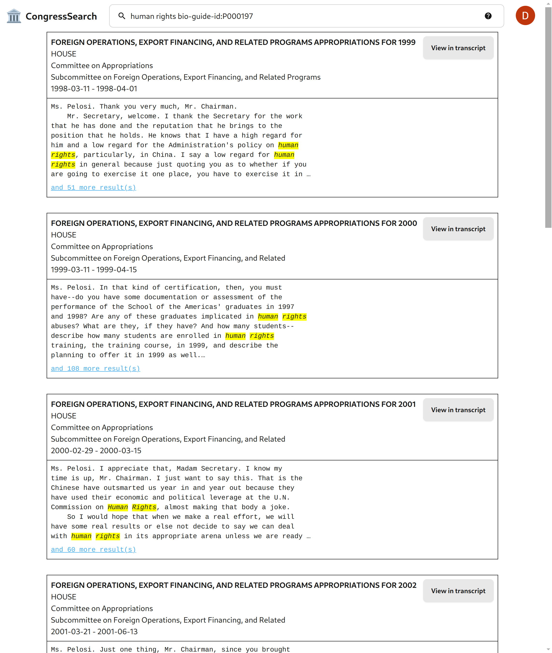 CongressSearch search results page screenshot